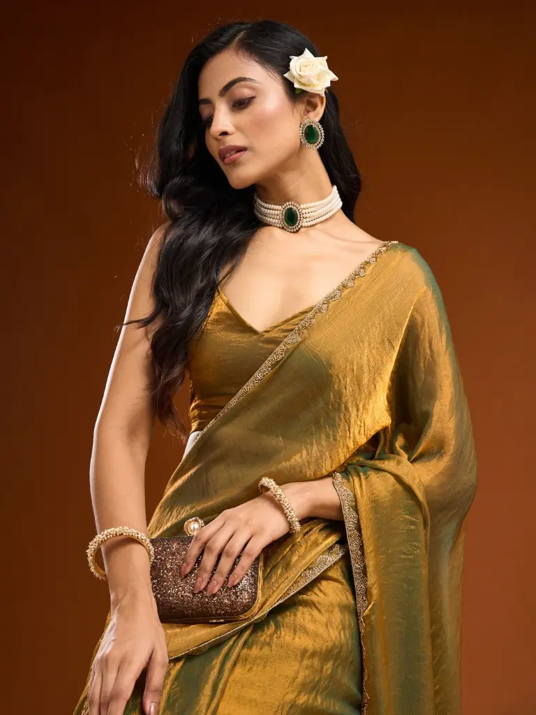 Gold & Rama Green Two-Tone Chiffon Silk Beads Saree